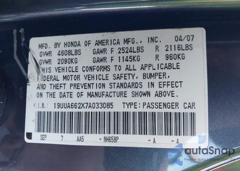 2007 Acura Tl 3.2 from USA, damaged, VIN 19UUA662X7A033085